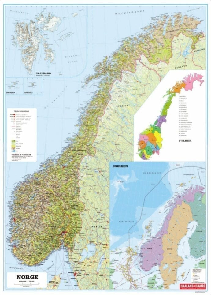 Norgeskart [papir] klebet på lær 160 x 225cm
