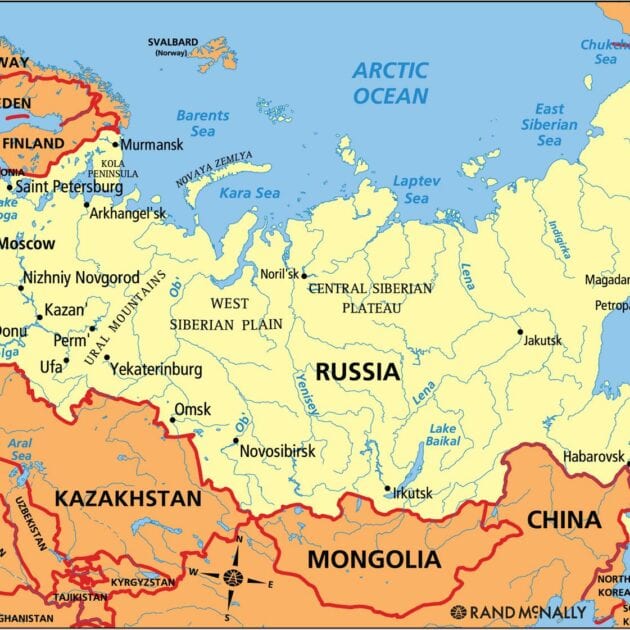 Russland politisk veggkart laminert 125 x 150cm