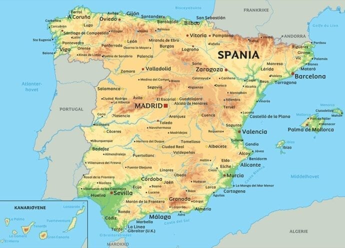 Spania og Portugal politisk veggkart laminert 100 x 140cm