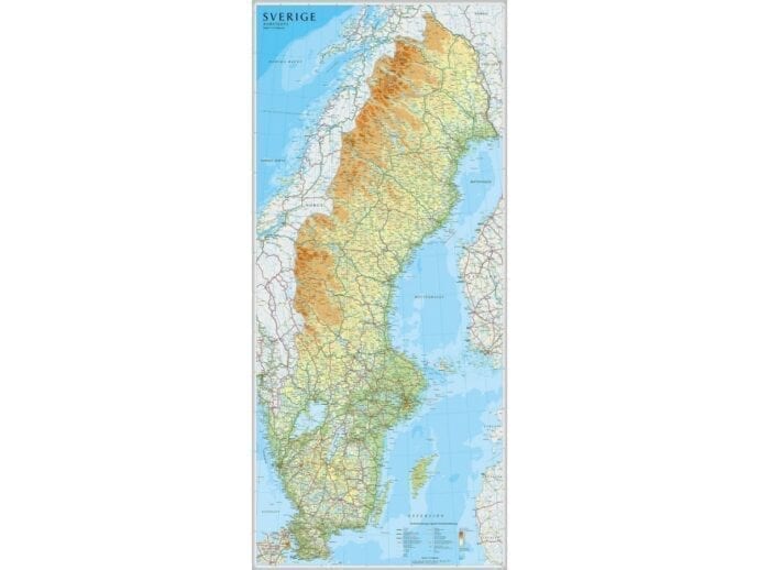 Sverige topografisk veggkart laminert 85 x 135cm
