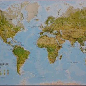 Verden topografisk veggkart laminert 200 x 125 cm
